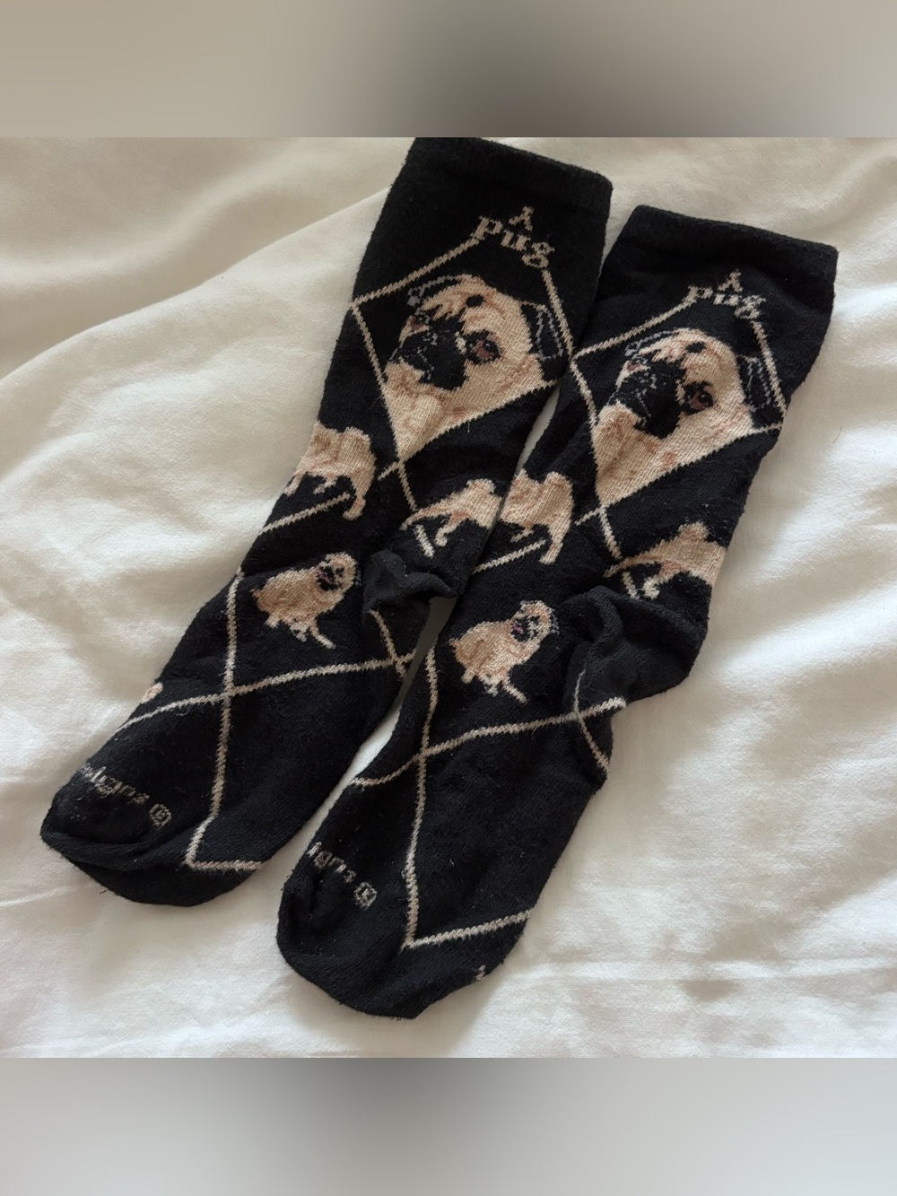 Pug Pattern Black Crew Socks - Novelty Socks